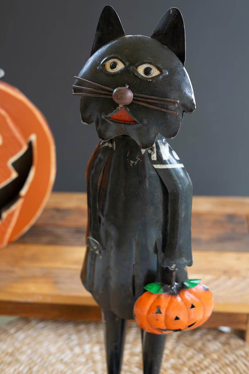 Recycled Iron Standing Black Halloween Cat Holding pumpkin (Coming Soon)
