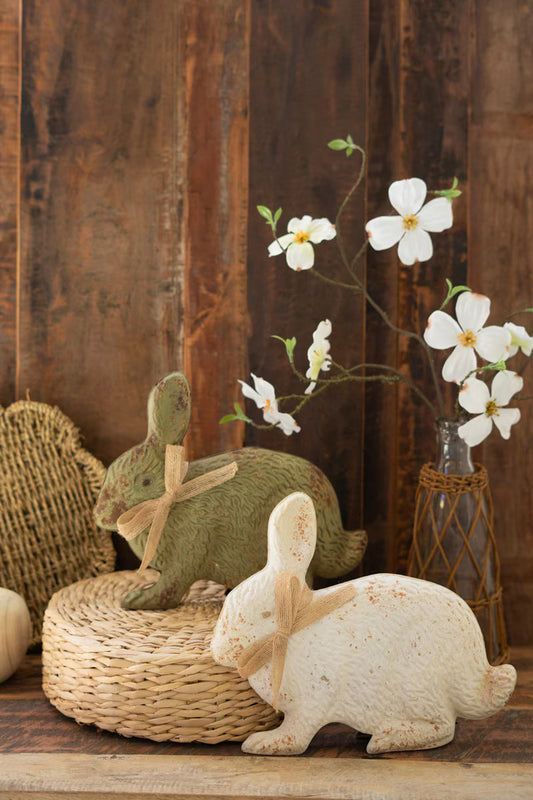 Set of 2 Painted Antique Green and White Metal Rabbits