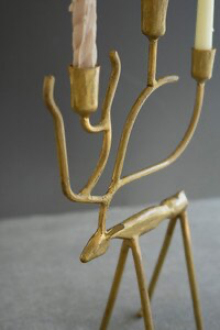 Set of 2 Antique Gold Forged Iron Christmas Deer Candelabras