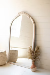 Large Arched Wood Framed Mirror with Carved Detail