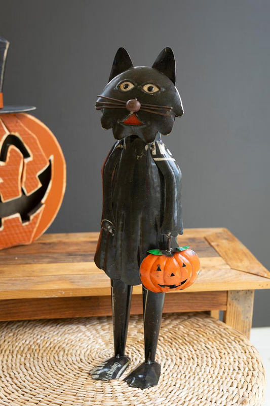 Recycled Iron Standing Black Halloween Cat Holding pumpkin (Coming Soon)