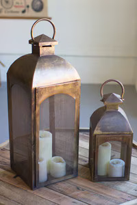 Set of 2 Antique Bronze Lanterns With Wire Screen