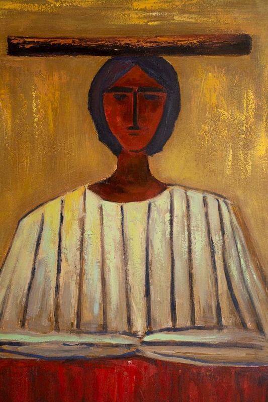 Framed Stylized Woman in Hat Painting