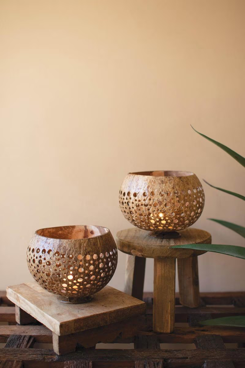 Set of 2 Carved Coconut Luminaries (Coming Soon)