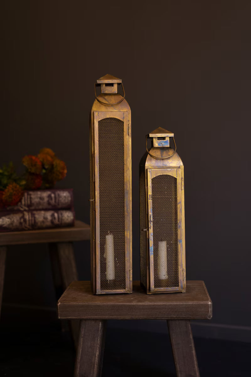 Set of 2 Antique Brass Taper Candle Lanterns with Wire Screen (Coming Soon) Available for Pre-Order