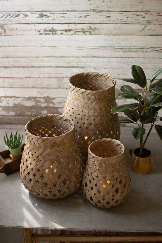 Set of 3 Woven Basket Lanterns with Glass Inserts