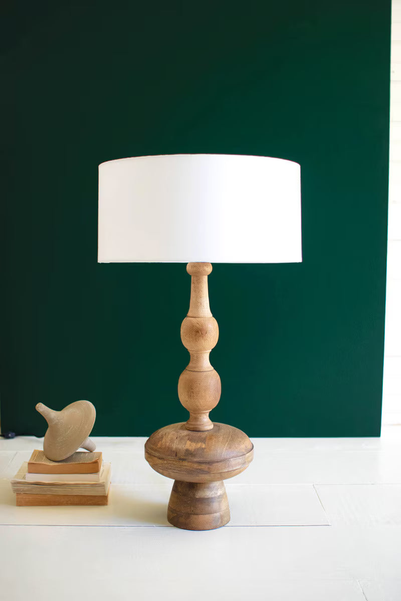Turned Wood Table Lamp with Off-White Barrel Shade